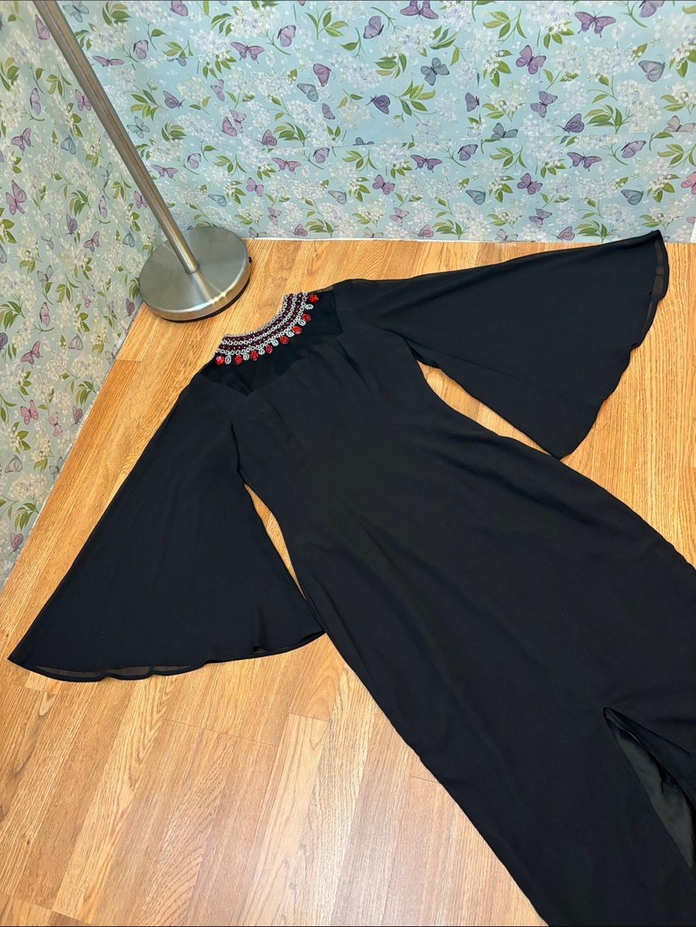 Elegant black long bell sleeve maxi dress with jeweled neckline. Size S. - Picture 9 of 17